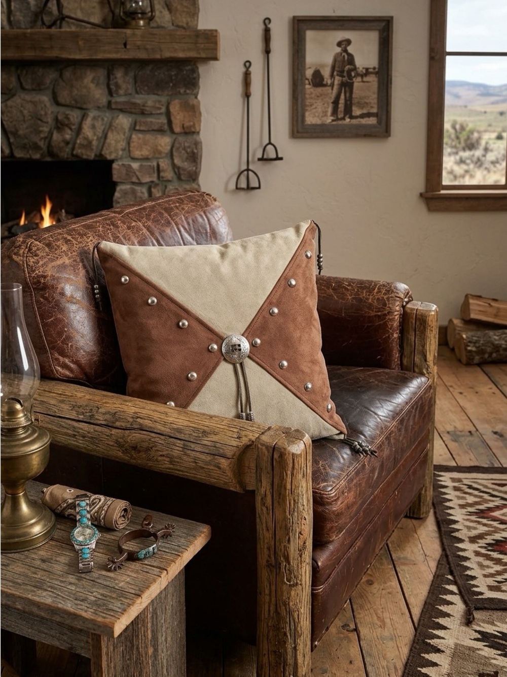 Rustic Western Suede Studded Accent Pillow w/ Silver Concho Medallion